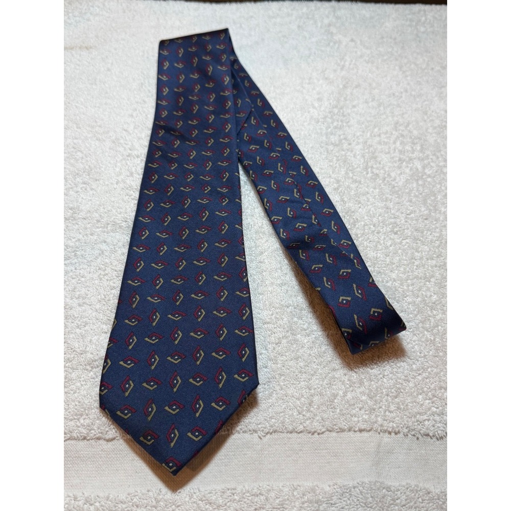 Burberrys Mens Silk Tie Navy Blue Red Gold Geometric Diamond Hand Sewn USA